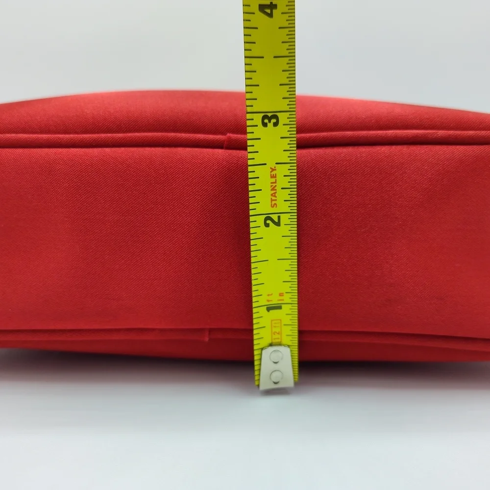 Early 1990s Vintage DIOR Parfum Red Satin Vanity Gold Plaque Vanity Makeup Bag
